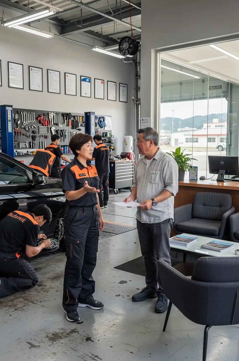 Moderné zariadenie na testovanie tlmičov nárazov v autoservise zameranom na bezpečnosť.